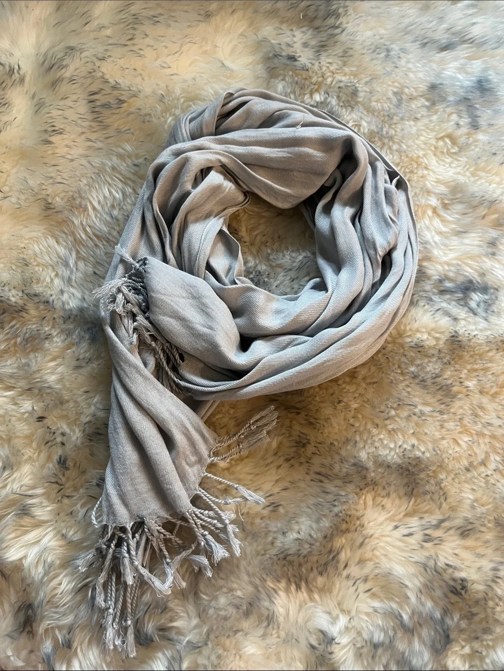 Silky Neutral Light Taupe Fringe Scarf - Soft Draped Wrap